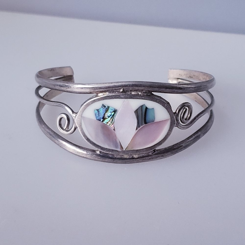 Vintage Alpaca MEXICO Cuff Bracelet With Mother Of Pearl & Abalone Inlay O/S